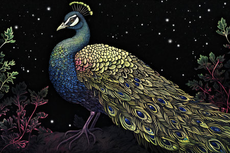 Illustration of a peacock on a black background with stars.の素材