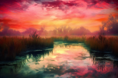 Beautiful sunset over the lake with reeds and reflection in waterの素材