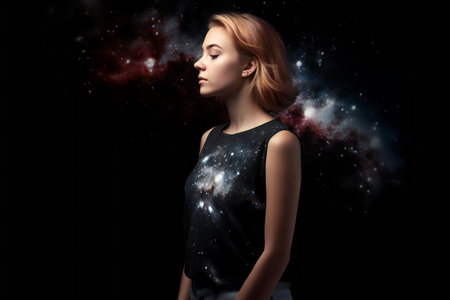 Pretty girl in black dress with smoke in her face on dark backgroundの素材