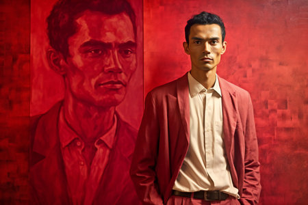 Portrait of a young indian man in a red jacket and a white shirt.の素材