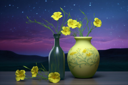 vase with yellow flowers against night sky backgroundの素材