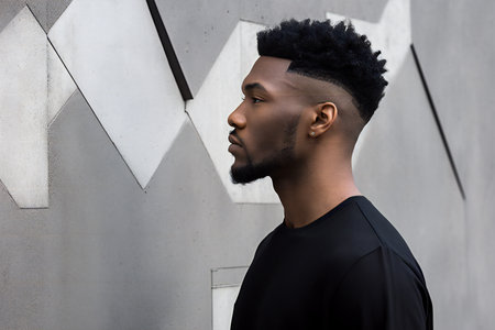 Handsome african american man looking away while standing against grey wallの素材