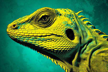 Green iguana lizard on green grunge background.の素材