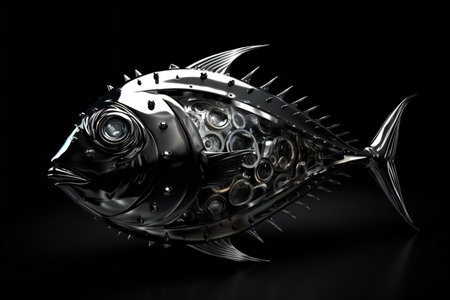 illustration of metal fish on a black background. Isolatedの素材