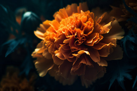 Beautiful orange marigold flower close-up on dark backgroundの素材