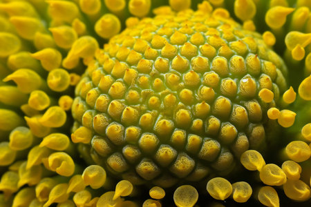 Macro shot of a sunflower head with pollen and seeds.の素材
