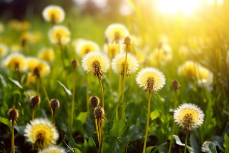 Beautiful dandelion flowers on green meadow in sunny dayの素材