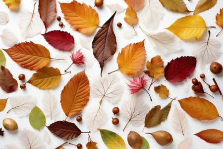 Colorful autumn leaves on white background, top view. Fall seasonの素材