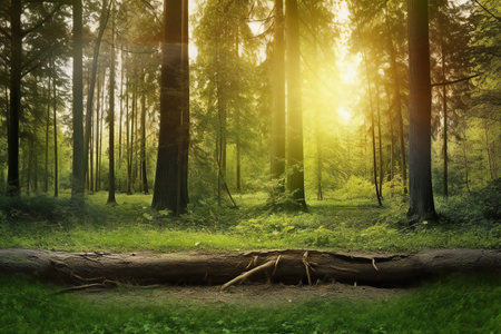 Sunset in the forest. Beautiful nature scene with sunbeamsの素材