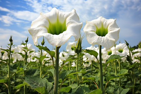 White flower on the field with blue sky and white clouds background.の素材