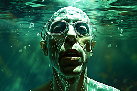 illustration of a man underwater in an alien's head mask.の素材