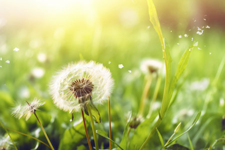Beautiful dandelion flower on green meadow in sunny dayの素材