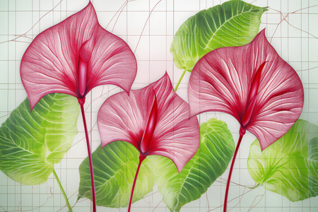 Illustration of tropical leaves and plants on graph paper background, top viewの素材