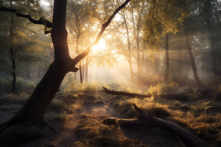 Sunrise in the autumn forest with fog on the ground and treesの素材