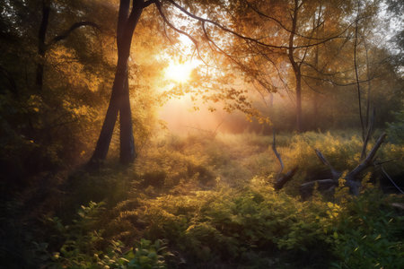 Sunset or sunrise in the autumn forest with sunbeams and fog.の素材