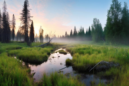 Sunrise over a small river in Yellowstone National Park, Wyoming.の素材