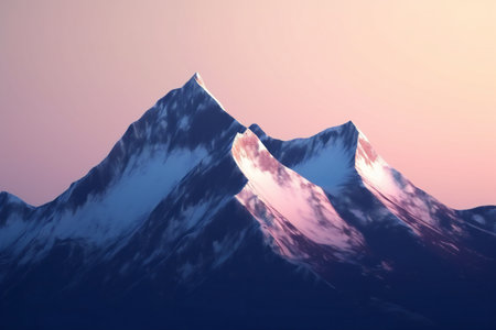 Snowy mountain range at sunset, digital drawing.の素材
