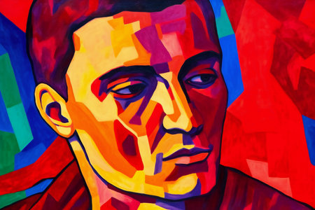 Digital painting of a man's face in red and blue tones.の素材