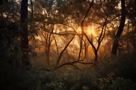 Sunset in the forest with fog and sunbeams. Nature backgroundの素材