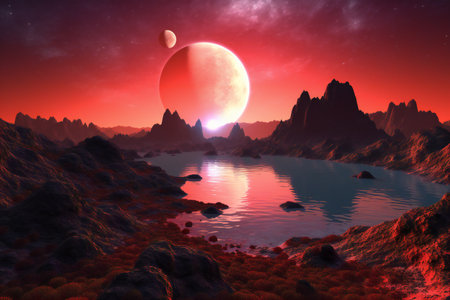 Fantasy alien planet. Mountain and lake.の素材