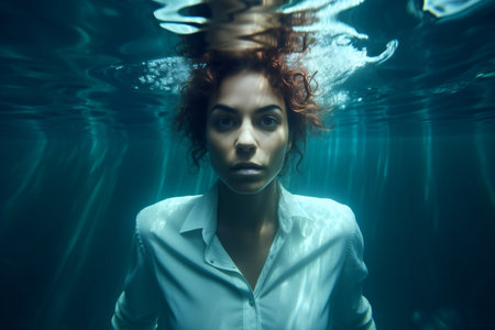 Beautiful young woman underwater looking at camera. Portrait of a red-haired girl.の素材