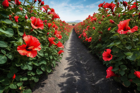 Red hibiscus flowers growing in the field in the summerの素材