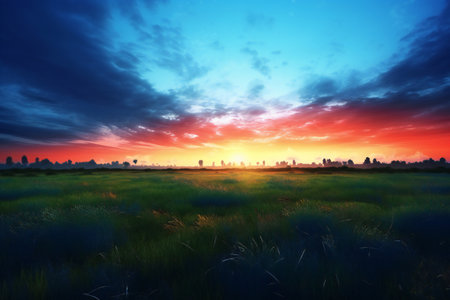 Beautiful sunset in the meadow with blue sky and clouds.の素材