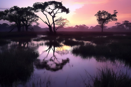 Sunset in the Okavango Delta, Botswana, Africaの素材