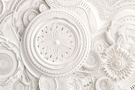 Close-up of white paper plates with carved ornaments.の素材