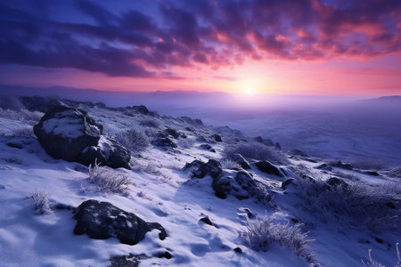 Beautiful winter landscape in the mountains. Sunrise over the mountains.の素材