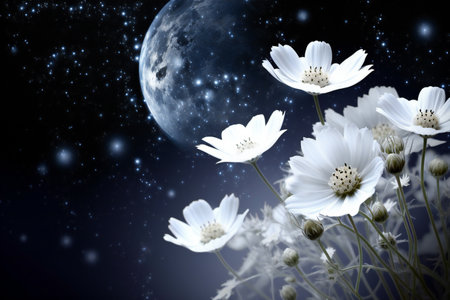 Cosmos flowers and moon in the night sky. Elements of this image furnishedの素材