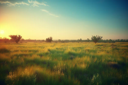 Sunset over a field with grass and trees. Retro style.の素材