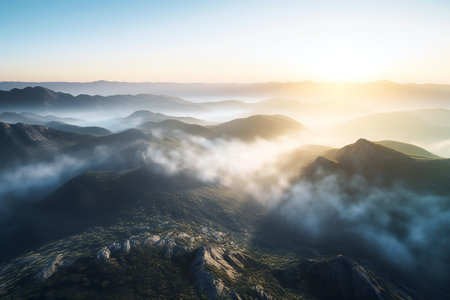 Beautiful mountain landscape with fog in the morning. Sunrise in the mountainsの素材