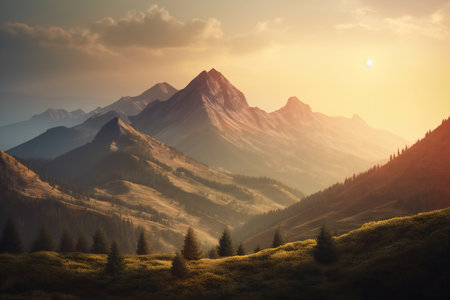 Mountain landscape at sunset. Sunrise over the mountains. Beautiful natural backgroundの素材