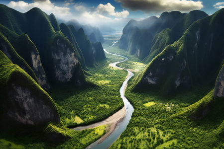 Beautiful landscape with river and green hills.の素材