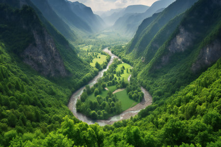 Mountain landscape with a river flowing through the gorge. Nature backgroundの素材