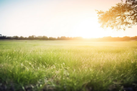 Sunset or sunrise over a field with green grass and trees.