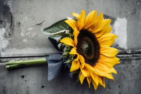 Sunflower bouquet on concrete wall background. Copy space for text.の素材