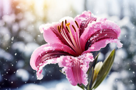 Pink lily flower in the snow. Beautiful nature scene with blooming lily.の素材