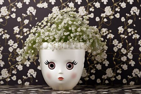 Cute white flower pot with a sad face on a dark backgroundの素材