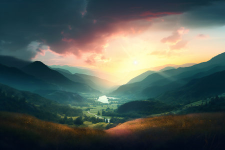 Mountain landscape at sunset. Panoramic view of the valley.の素材