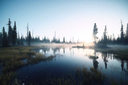 Morning mist over the lake in Yellowstone National Park, Wyoming, USAの素材