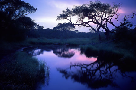 Reflection of trees in a river at sunset in the Okavango Delta, Botswanaの素材