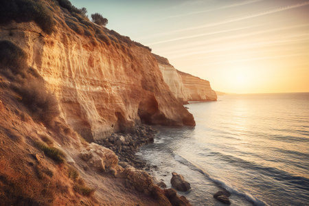 Beautiful sunset over the cliffs on the coast of Algarve, Portugalの素材