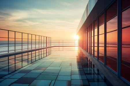 Sunset over the sea and a modern office building.の素材