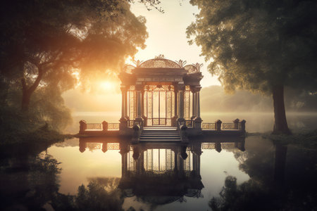 Pavilion on the lake in a park at sunset with fogの素材