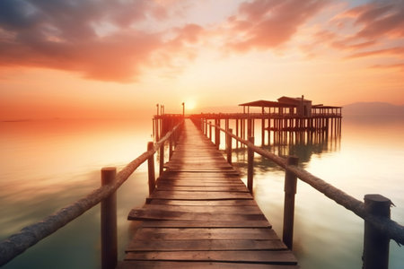 Wooden pier in the sea with beautiful sunset. Nature background.の素材