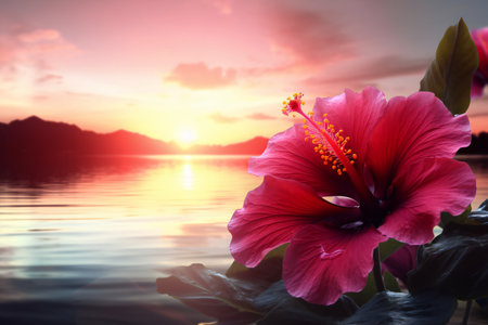 Beautiful pink hibiscus flower on the sunset background.の素材
