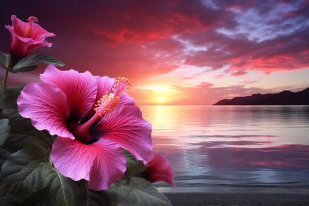 Pink hibiscus flower on the beach with sunset background.の素材