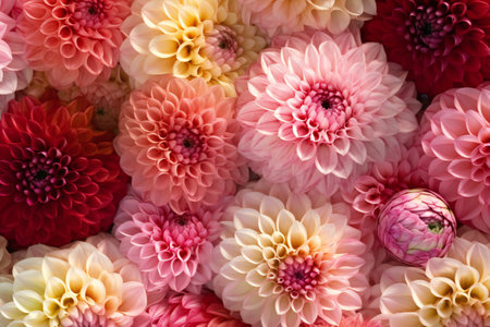 Colorful dahlia flowers as a background. Top view.の素材